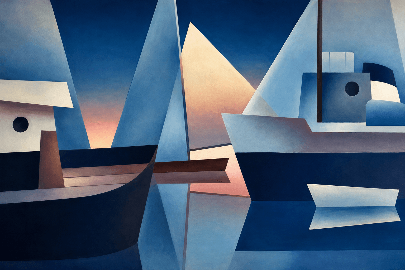 Composición artística de embarcaciones, velas y mar